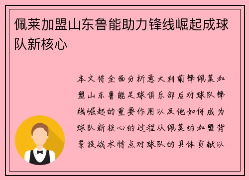 佩莱加盟山东鲁能助力锋线崛起成球队新核心 佩莱加盟山东鲁能助力锋线崛起成球队新核心